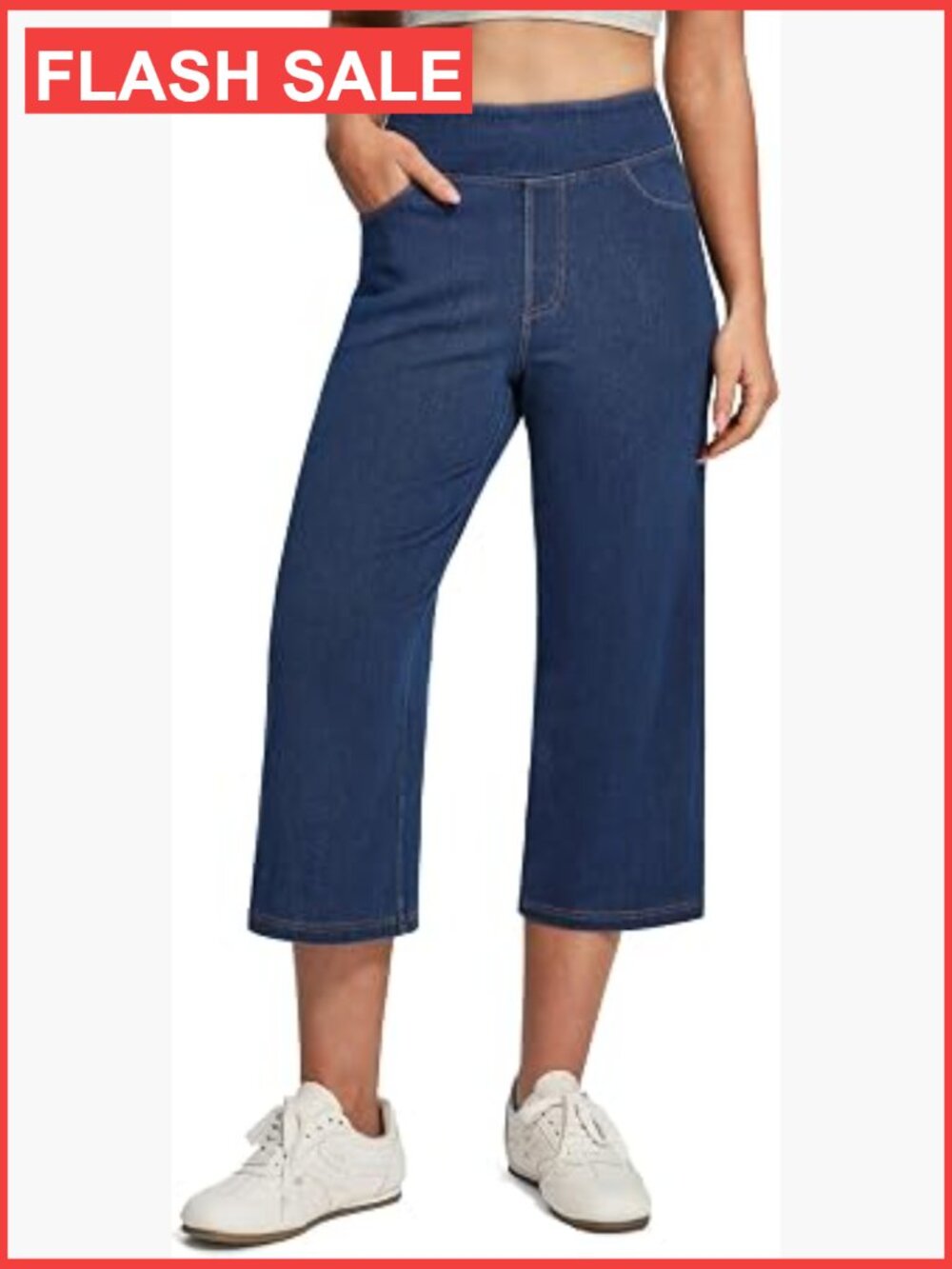 Stretchy Capri Jeans for Women Pull On Wide Leg High Waist Denim Pockets